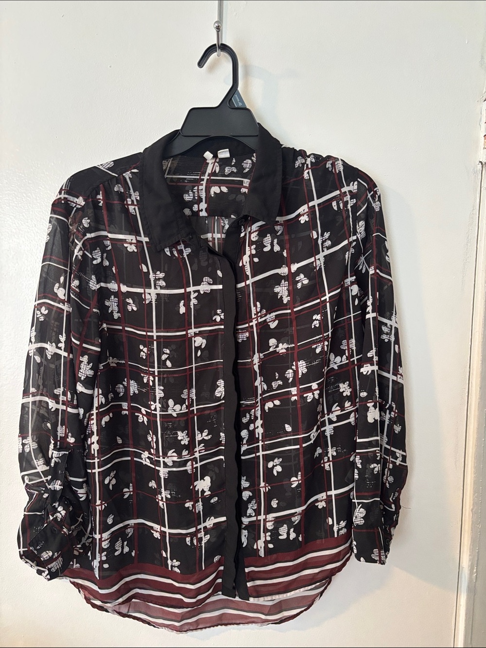 Cato Black Sheer Plaid Floral Button-Up Blouse
